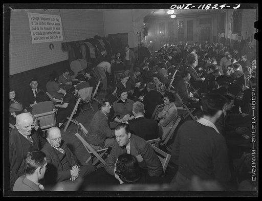 Untitled photo, possibly related to: Lititz, Pennsylvania. Volunteer fire watchers listening to a lecture on gases in war time given in the firehouse