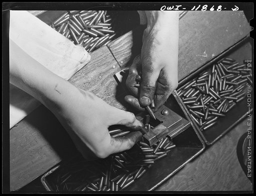 Lititz, Pennsylvania. Hands of Mrs. Julian Bachman, a gauge inspector at the Animal Trap Company of America