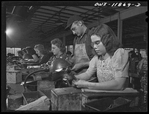 Lititz, Pennsylvania. Women gauge inspectors at the Animal Trap Company of America. The girl at the right is only sixteen and couldn't have worked until a recent law was passed