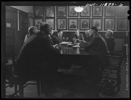 Lititz, Pennsylvania. Lititz Borough Council in session. Pictures on the back wall are local heroes of the first world war