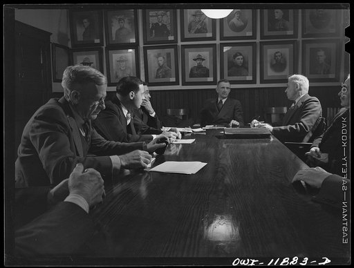 Lititz, Pennsylvania. Lititz Borough Council in session. Pictures on back wall are local heroes of the first world war. Left is Walter Miller, superintendent of the water works; right is secretary Habecker