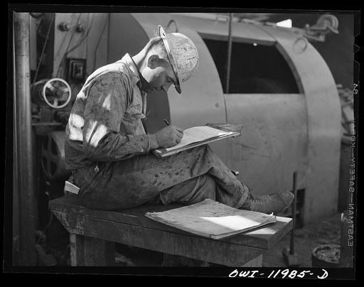 Untitled photo, possibly related to: Andrews County, Texas. Driller working on his log