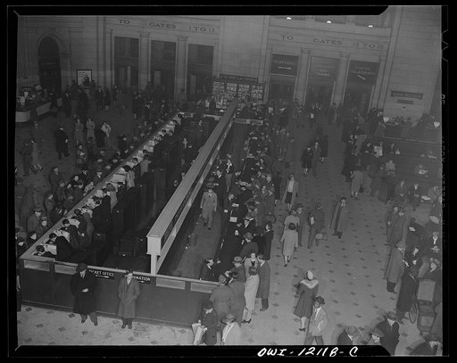 Untitled photo, possibly related to: Washington, D.C. Soldiers, sailors and civilians purchasing tickets at the Union Station