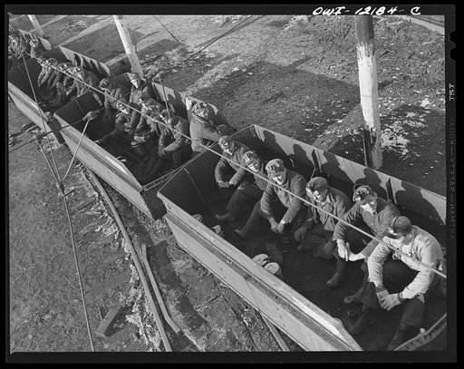 Pittsburgh, Pennsylvania (vicinity). Westland coal mine. Miners in "mine trip" enroute to the mine