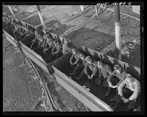 Untitled photo, possibly related to: Pittsburgh, Pennsylvania (vicinity). Westland coal mine. Miners in "mine trip" enroute to the mine