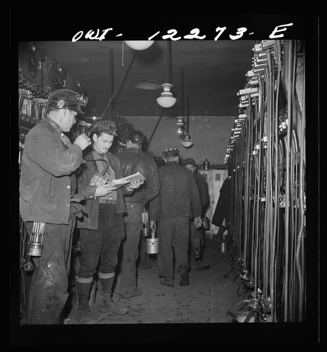 Pittsburgh, Pennsylvania (vicinity). Montour no. 4 mine of the Pittsburgh Coal Company. Miners getting their head and safety lamps