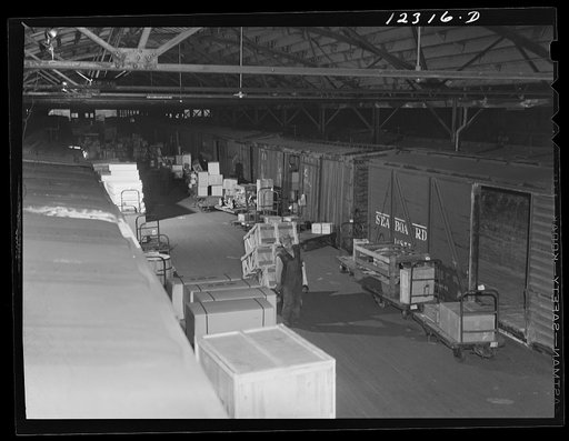 Chicago, Illinois. In the freight house at a Chicago and Northwestern Railroad yard