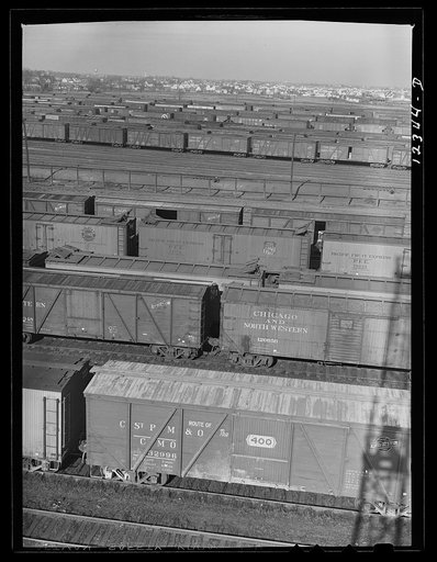 Chicago, Illinois. Freight cars in the Chicago and Northwestern Railroad classification yard