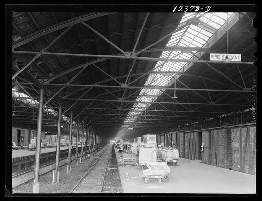Untitled photo, possibly related to: Chicago, Illinois. Goods of every description lined up on loading platforms at a freight house at the Chicago and Northwestern Railroad yard