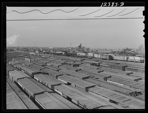 Chicago, Illinois. Cattle cars in one of the Chicago and Northwestern Railroad yards