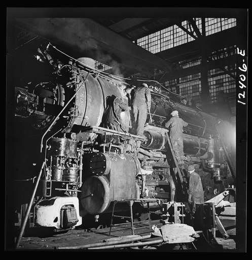 Chicago, Illinois. A locomotive of the 2800 class being repaired at the Chicago and Northwestern Railroad locomotive shops