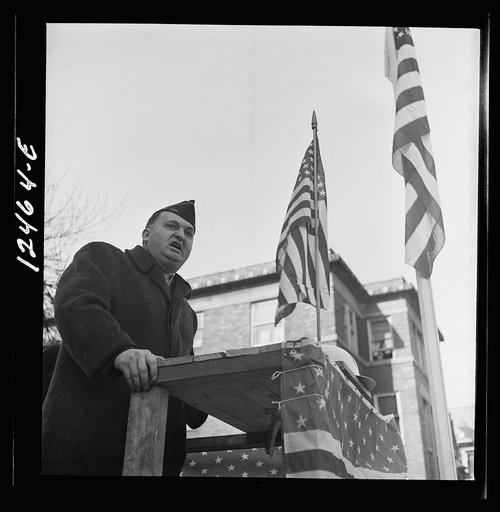 Chicago (north), Illinois. Mr. Richard J. Zarvertnik, 936 Sunnyside Street, addressing a group of his neighbors at a flag dedication ceremony. At eighteen he was in the Army in the first World War