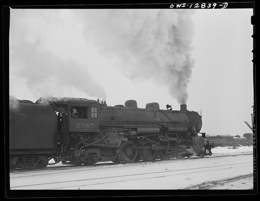 Chicago, Illinois. Road engine waiting for the signal before leaving a Chicago and Northwestern Railroad yard