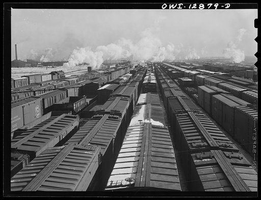 Chicago, Illinois. Freight cars in one of the Chicago and Northwestern Railroad classification yards