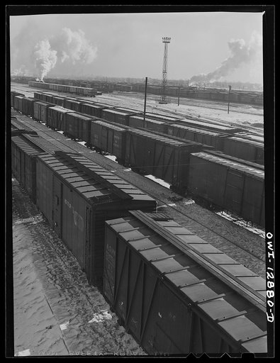 Untitled photo, possibly related to: Chicago, Illinois. Looking toward the freight house at a Chicago and Northwestern Railroad yard