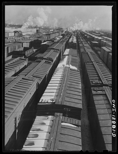 Chicago, Illinois. Freight cars in one of the Chicago and Northwestern Railroad classification yards