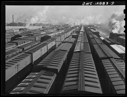 Chicago, Illinois. Freight cars in one of the Chicago and Northwestern Railroad classification yards