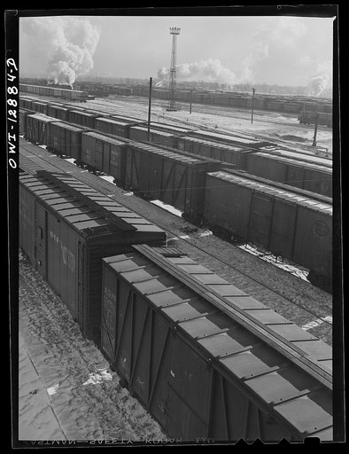 Untitled photo, possibly related to: Chicago, Illinois. Looking toward the freight house at a Chicago and Northwestern Railroad yard