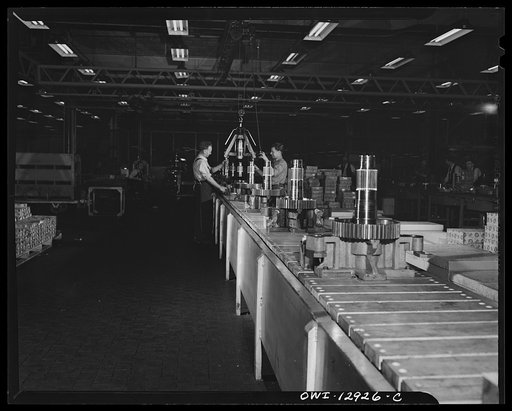 Detroit, Michigan. Assembly of Rolls Royce engines at the Packard motor car company. Sub-assembly of the reduction gear
