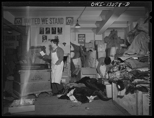 New York, New York. The War Emergency Board of the fur industry formed a fur vest project. Various fur factories donate the services of their employees one day a week to make fur-lined vests for the merchant marines. The fur is all from voluntary donations from the public. Unloading a new contributi