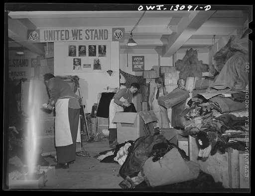 New York, New York. The War Emergency Board of the fur industry formed a fur vest project. Various fur factories donate the services of their employees one day a week to make fur-lined vests for the merchant marines. The fur is all from voluntary donations from the public. Unloading a new contributi