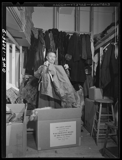 New York, New York. The War Emergency Board of the fur industry formed a fur vest project. Various fur factories donate the services of their employees one day a week to make fur-lined vests for the merchant marine. The fur is all from voluntary donations from the public. Foreman packing completed v