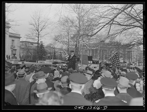 Washington, D.C. Admiral Woodward of the United States Naval Ordnance addressing crowd gathered to view 120 mm gun