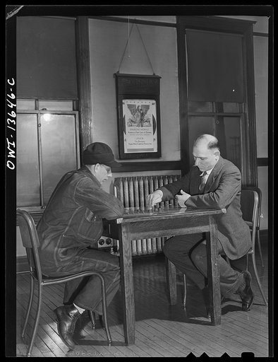 Gibson, Indiana. A game of checkers at the railroad (YMCA) Young Men's Christian Association