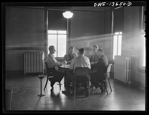 Gibson, Indiana. A game of cards at the railroad (YMCA) Young Men's Christian Association