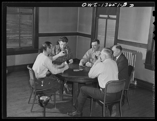 Gibson, Indiana. A game of cards at the railroad (YMCA) Young Men's Christian Association