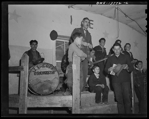 Untitled photo, possibly related to: Penasco, New Mexico. A native band at a dance. J. L. Lopez Orchestra