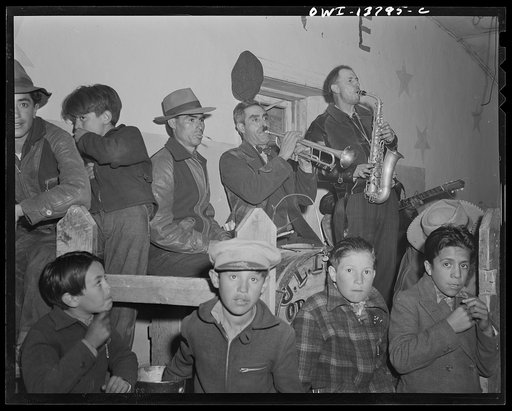 Untitled photo, possibly related to: Penasco, New Mexico. A native band at a dance. J. L. Lopez Orchestra