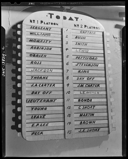 Firehouse Station No. 4. Washington, D.C. Platoon board which indicates day and night shifts and men on leave