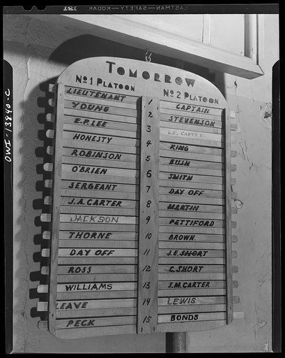 Firehouse Station No. 4. Washington, D.C. Platoon board which indicates day and night shifts and men on leave