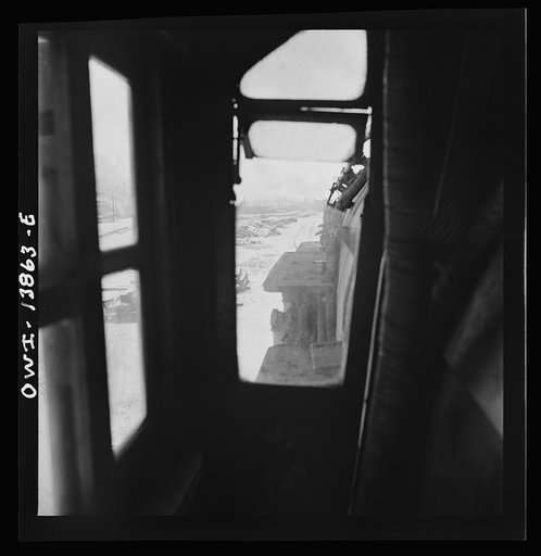 Freight operations on the Indiana Harbor Belt railroad between Chicago, Illinois and Hammond, Indiana. View through the window on the fireman's side of the cab