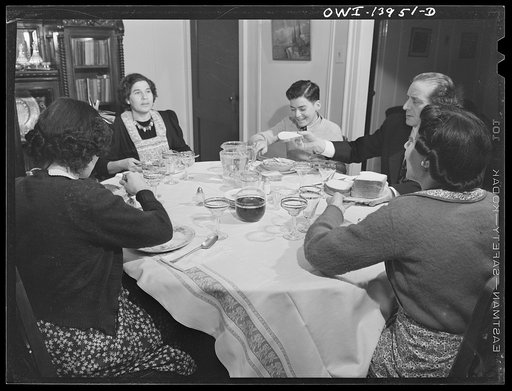 Untitled photo, possibly related to: Corona, Long Island, New York. Family of Raymond [i.e. Vincenzo] Fazio eating supper in their home. Fazio and his wife are garment workers in the dress business