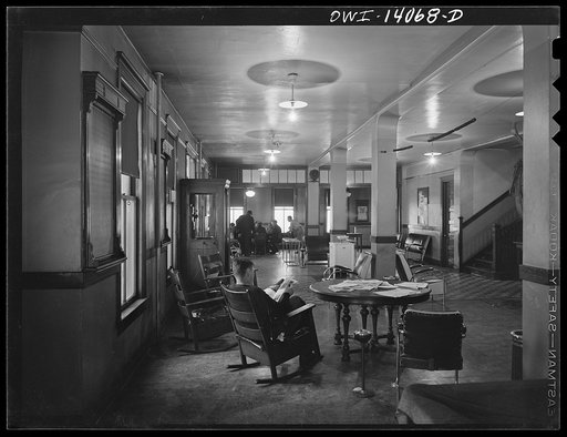 Gibson, Indiana. Lobby of the YMCA (Young Men's Christian Association) for railroad workers