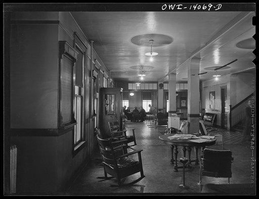 Untitled photo, possibly related to: Gibson, Indiana. Lobby of the YMCA (Young Men's Christian Association) for railroad workers