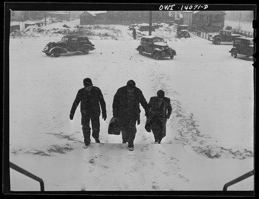 Gibson, Indiana. Railroad workers coming to the railroad YMCA (Young Men's Christian Association)