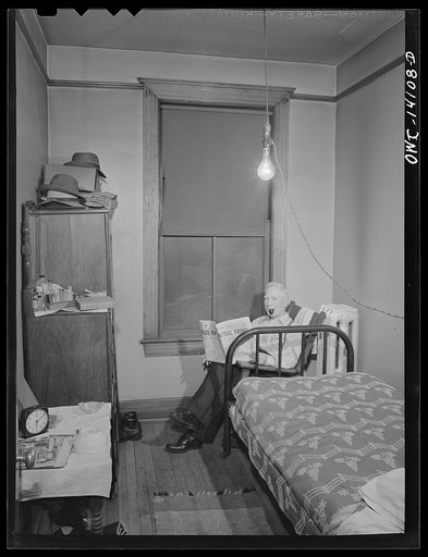 Gibson, Indiana. Mr. Timothy H. Fitzpatrick, sixty-eight, who has been living at the railroad YMCA (Young Men's Christian Association) for many years. He has been working on the railroads off and on for over fifty years. He has also been a coal miner, farmer, and is a generator tender at the Gibson 