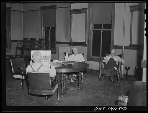 Gibson, Indiana. In the lobby of the railroad YMCA (Young Men's Christian Association)