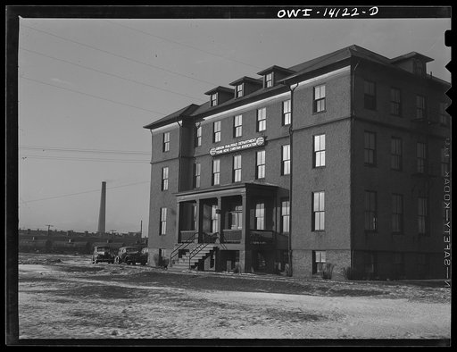 Gibson, Indiana. The railroad YMCA (Young Men's Christian Association). The stack in the background is from the roundhouse, where the engineers and firemen report for work