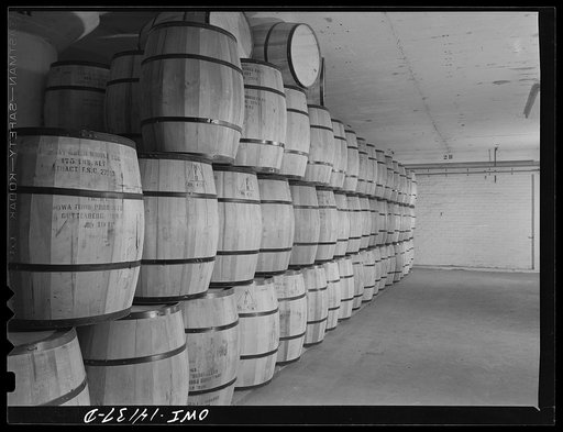 Barrels of powdered eggs for lend-lease shipment, in a cold storage warehouse of the Indiana Harbor Belt Railroad