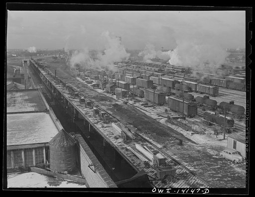 General view of a yard of the Indiana Harbor Belt Railroad with the icing platform in the background
