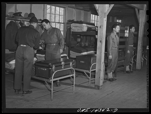 Fort Belvoir, Virginia. Barracks inspection. Private Dalto, Private Chirico, and Sergeant Tauro, of Company F, 31st Engineers