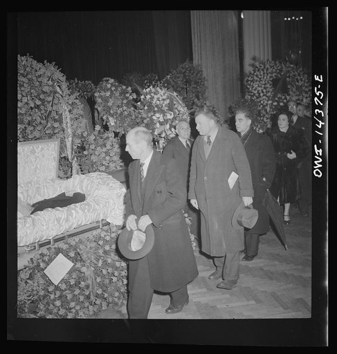 Untitled photo, possibly related to: New York, New York. Mourners at the funeral of Carlo Tresca, the Italian anarchist publisher of Il Martello, who was murdered on Fifth Avenue. The funeral was held in Manhattan Center and was attended by over 5000 anti-facists