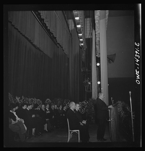 New York, New York. Prominent anti-fascist Italo-Americans made speeches, and sat on the stage in Manhattan Center at the funeral of Carlo Tresca, the Italian anarchist publisher of Il Martello, who was murdered on Fifth Avenue