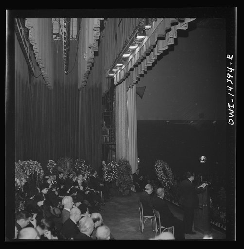 Untitled photo, possibly related to: New York, New York. Prominent anti-fascist Italo-Americans made speeches, and sat on the stage in Manhattan Center at the funeral of Carlo Tresca, the Italian anarchist publisher of Il Martello, who was murdered on Fifth Avenue