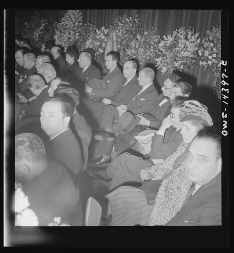 New York, New York. Prominent anti-fascist Italo-Americans made speeches, and sat on the stage in Manhattan Center at the funeral of Carlo Tresca, the Italian anarchist publisher of Il Martello, who was murdered on Fifth Avenue