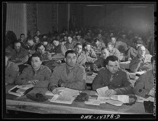 Fort Belvoir, Virginia. Compass reading class in the Officer Candidates' School. Candidate Robert Arena is the second man in the front row; his father was born in Italy